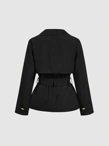 SHEIN MOD 女士短款休闲宽松外套，配腰带，秋季外套，秋装，适合度假、返校季、秋冬穿着，舒适百搭。 - 黑色 - 查看 2