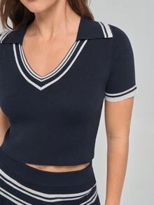 Menodora SHEIN Sport Women's Fashion Contrast Trim V-Neck Short Sleeve Knit Top And Mini Skirt 2 Pieces Set, Summer - Royal Blue - View 6