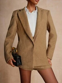 Vesra Damen Einfarbiger Tweed-Anzug-Set mit Perlen - Khaki - Übersicht 6