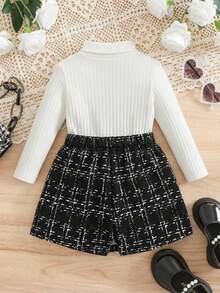 SHEIN 2pcs Baby Girl Knitted Black Long Sleeve Top And Plaid Elastic Waist Shorts Set, Autumn/Winter Autumn And Winter Two Piece Suit Girls Winter Outfit Sets Two Piece Winter Outfits For Toddler Girl Toddler Girl Skirt Set
