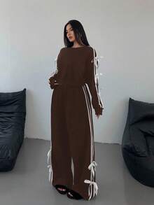 POPSWAY 2 件大码拼接条纹蝴蝶结装饰可爱休闲黑色运动衫套装，秋季 - 棕色 - 查看 4