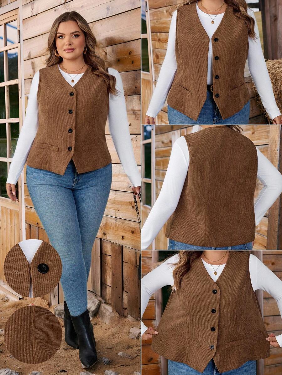 SHEIN CURVE+ Plus Size Women Solid Color Single-Breasted Casual Corduroy Vest Jacket, Autumn/ Winter - Brown - View 1