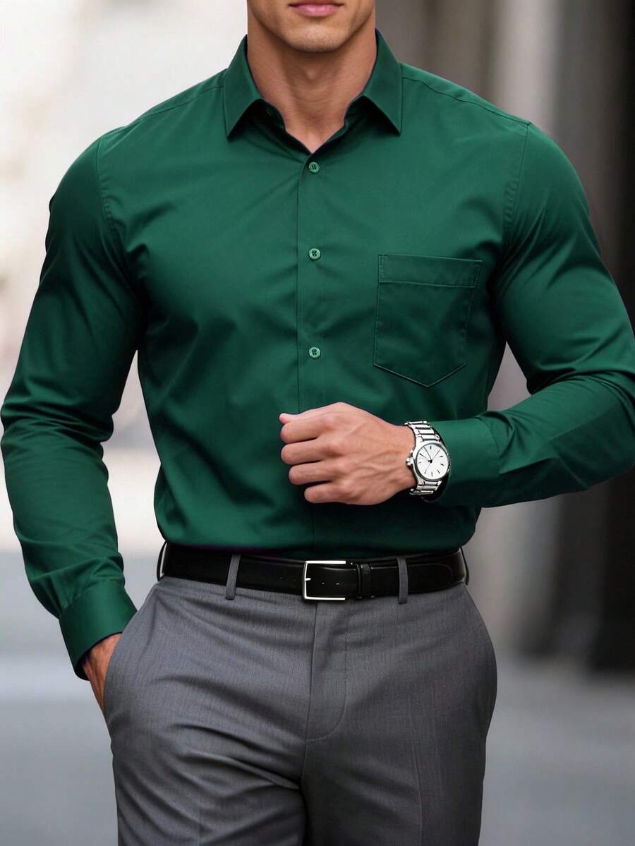Manfinity Mode Plus Size Men Solid Color Front Button Business Casual Long Sleeve Shirt, Fall, Formal, Ceremony - Dark Green - View 1