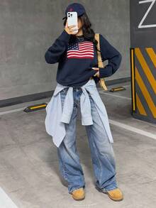 SHEIN EZwear 女士新款畅销秋冬圆领毛衣国旗提花，适合日常穿着 - 藏蓝色 - 查看 6