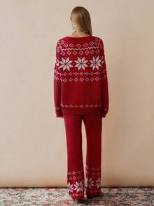 Florisole Geo Pattern Sweater & Knit Pants Without Belt - Red - View 2