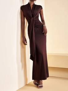 Zivah Solid Ruched Draped Maxi Dress Burgundy - Coffee Brown - View 7