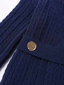 Franclia Women's Casual Fashion Minimalist Versatile Loose V-Neck Wrap Twist Rope Lantern Sleeve Belt Metal Decor Button Sweater, Autumn/Winter - Royal Blue - View 6