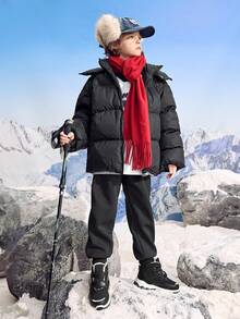 JNSQ 1 Paar Jungen Schwarze Klettverschluss Flache Lässig Bequeme Warme Fleece Schneestiefel, geeignet für winterliche Outdoor-Aktivitäten im Alltag