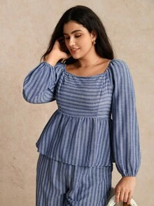 EMERY ROSE Plus Size Lantern Sleeve Ruffle Hem Casual Retro Striped 2 Pieces Set