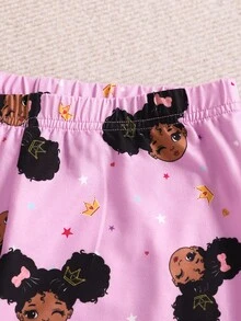 SHEIN Tween Girl Snug Fit Cartoon Printed Short Sleeve Top And Long Pants, Cute & Breathable Knitted Home Pajama Set, 2pcs - Multicolor - View 5