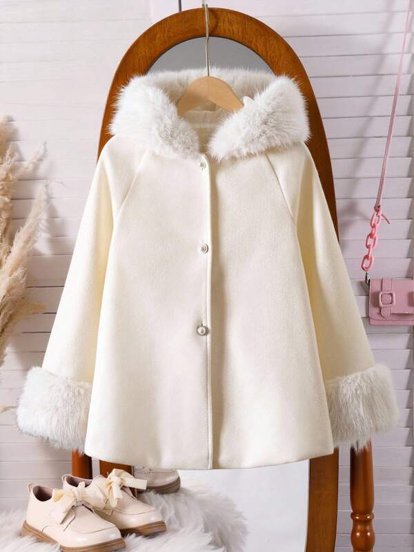 SHEIN 1pc Fashionable Tween Girls' Soft Thermal Lined Vintage Quality Hooded Cardigan With Buttons, Beige Long Sleeve Overcoat With Fur Trim On Hood And Cuffs, Suitable For Autumn/Winter, Warm, Outdoor, Casual, Home, Travel Fall