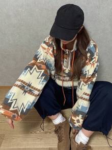 FRIFUL 女士立领撞色抽绳落肩长袖羊羔绒下摆收腰宽松休闲百搭卫衣，秋季保暖内衬，冬季