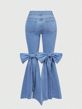 ROMWE Grunge Punk Y2K All-Match Versatile Bowknot Decor Women's Skinny Flare Low Waist Jeans