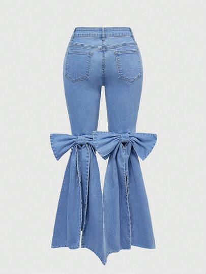 Grunge Punk Y2K All-Match Versatile Bowknot Decor Women's Skinny Flare Low Waist Jeans