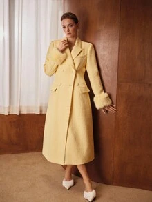 MOTF PREMIUM PLUSH SLEEVE PATCHWORK LONG WOOL BLEND OVERCOAT, AUTUMN/WINTER - Yellow - View 7