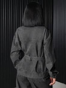 EURMUSE Flap Pocket Button Front Denim Jacket - Light Grey - View 2