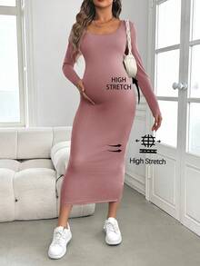 SHEIN Vestido de maternidad de manga larga y ajustado, color verde, adecuado para baby shower, otoño/invierno