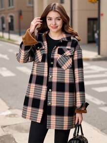 SHEIN Sparklyn Chaqueta de cuadros con bolsillos para adolescentes, de ajuste holgado y casual, de longitud media, adecuada para uso diario y para ir al trabajo, otoño/invierno