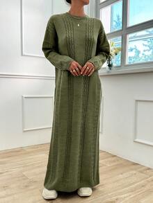 SHEIN 休闲宽松纯色长袖女式麻花图案毛衣裙 - 薄荷綠 - 查看 4