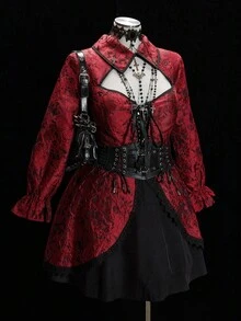 Sunspun 春/秋冬，优雅，新中式纹理提花面料拼布黑色梭织面料蕾丝边装饰立领泡泡袖A字连衣裙带系带装饰 - 彩色 - 查看 6