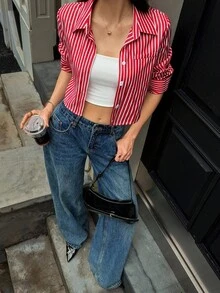 SHEIN Unity 女式条纹长袖单排扣休闲/工作衬衫 - 紅色 - 查看 4