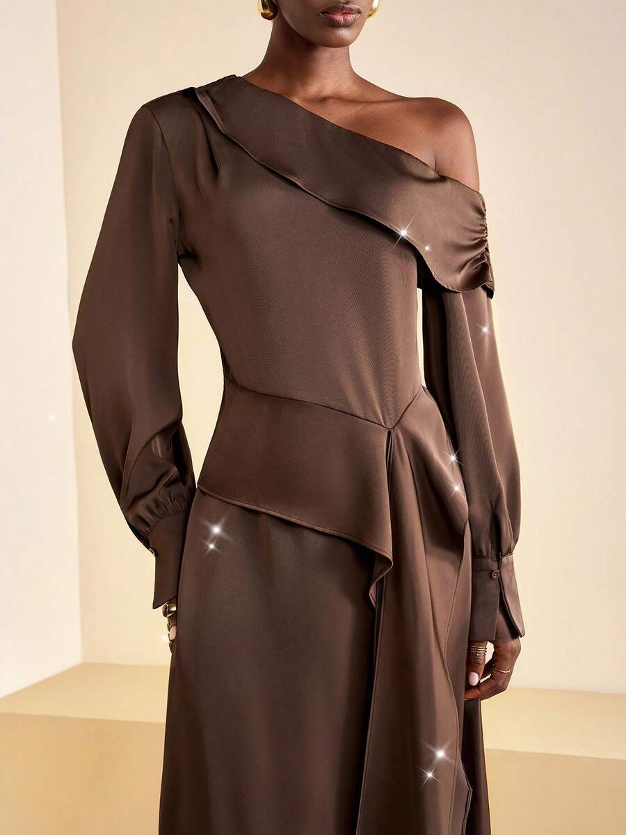 Zivah Elegant Autumn Shades Of Brown Ruffle Asymmetrical Shoulder Long Sleeve Top And Long Skirt 2-Piece Set,Women's Thanksgiving Dining Party Outfit - Brown - View 1
