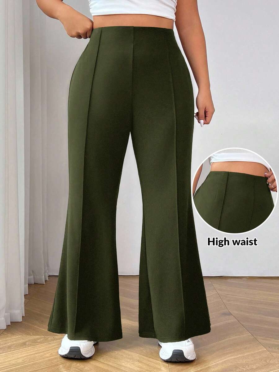 SHEIN EZwear Quần âu ống loe đơn giản hàng ngày cho nữ cỡ lớn, tốt nghiệp, trở lại trường, trang phục giáo viên cho phụ nữ vào mùa thu/đông - Màu xanh lá cây đậm - Xem 1