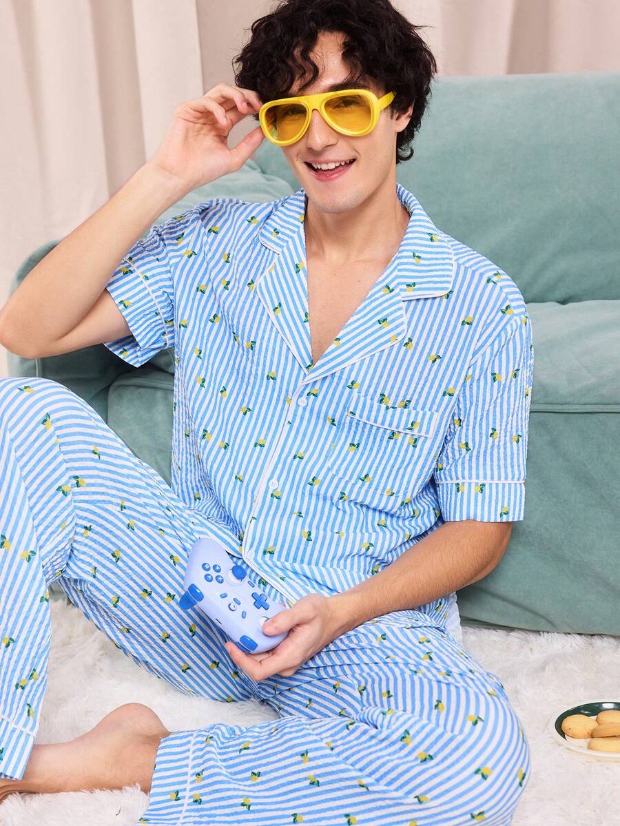 Notgurli 淘气女孩舒适泡泡纱格子领前饰短袖短裤男士睡衣套装，优质舒适别致秋季 - 藍白色 - 查看 1