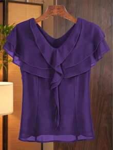 GlowEve Women's Solid Color Ruffle V-Neck Elegant Short Sleeve Blouse - Purple - View 4