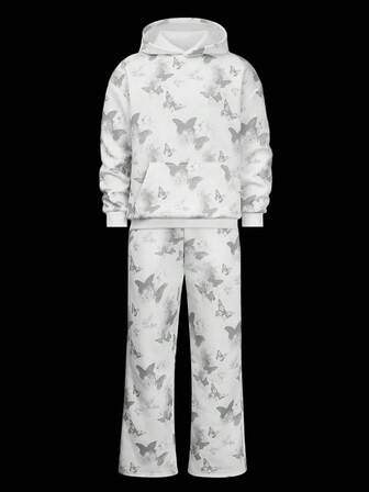 Manfinity Roghcode Men's Y2K Casual Fashion Street Full Butterfly Print Dropped Shoulder Loose Pocket Fleece Hoodie And Flared Sweatpants Set, Autumn/Winter, Fall Clothes