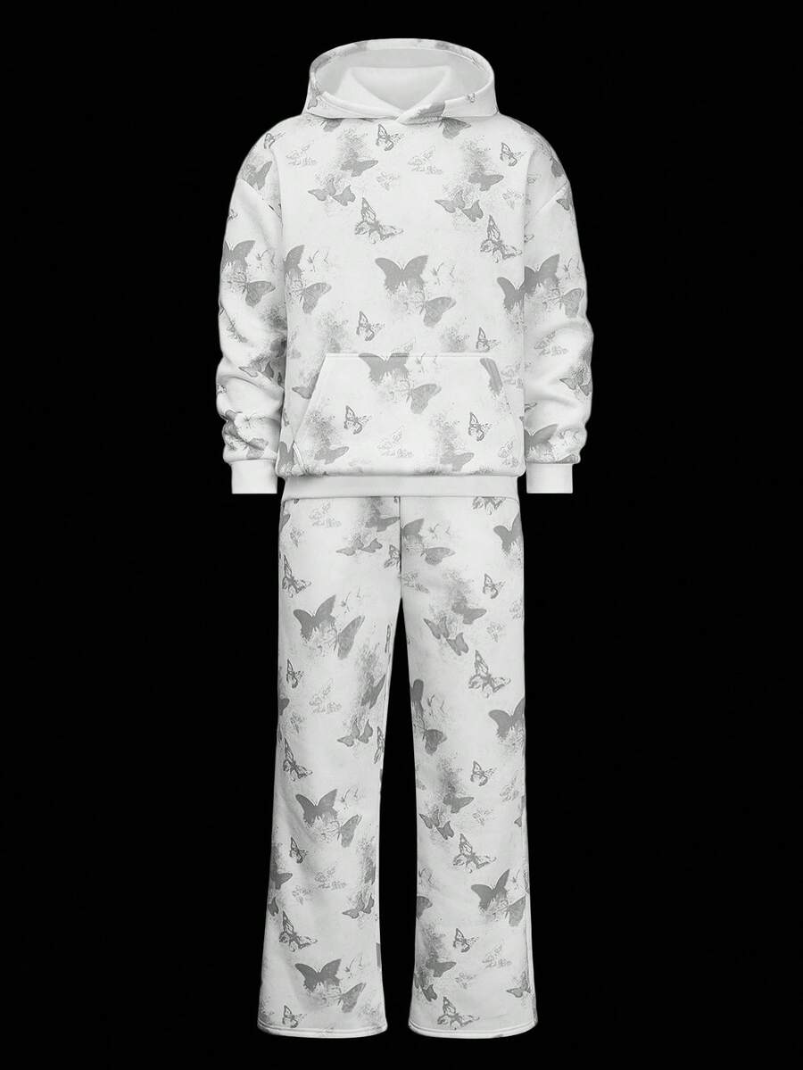 Manfinity Roghcode 男士 Y2K 休闲时尚街头全蝴蝶印花落肩宽松口袋羊毛连帽衫和喇叭形运动裤套装，秋冬 - 白色 - 查看 1