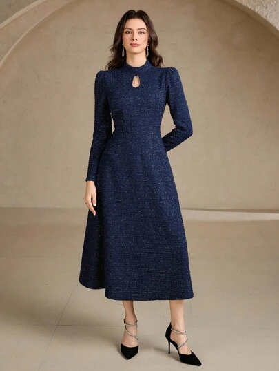 DAZY 女士纯色镂空优雅长袖中长连衣裙