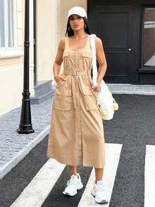 Women's Casual Solid Color Cargo Pocket Denim Dress, Summer - Khaki - View 8