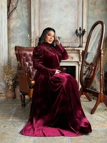 Lyrianda Christmas Plus Size Velvet Ruffle Hem Dress