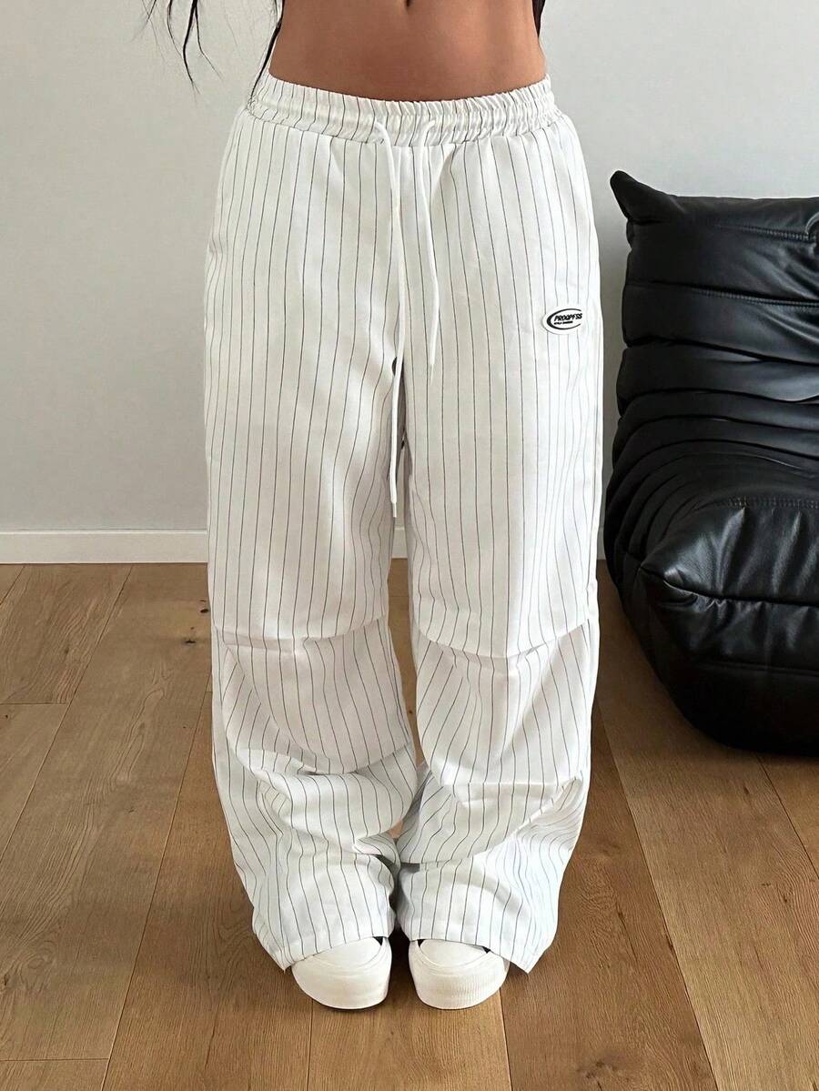 StreetHx 女士街头时尚条纹抽绳宽松黑白夏季长裤 - 白色 - 查看 1