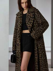 Aveloria Modichic Abrigo largo con cinturón y estampado de leopardo para mujer, otoño/invierno - Marrón - Ver 4