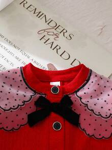 SHEIN Young Girls Red Knit Cardigan, Soft Knit Fabric, Delicate Skin-Friendly, Double-Layer Polka Dot Mesh Collar With Black Lace Trim, Black Bow Accent, Black Rimmed Buttons, Sweet And Exquisite Design, Suitable For Birthday Parties, Princess Themed Events, Moderate Thickness, Spring/Autumn