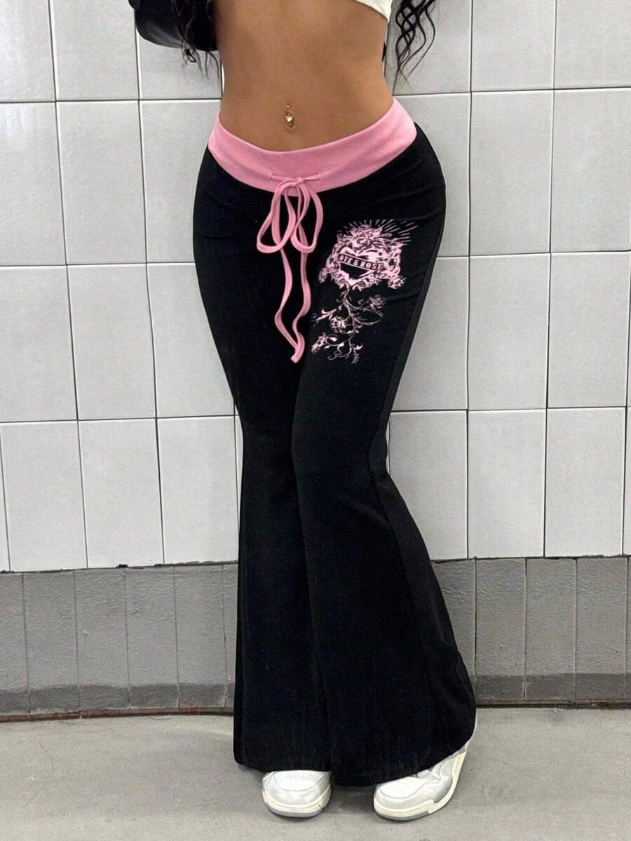 SHEIN PETITE 女式朋克风格撞色腰带印花喇叭裤 - 黑色 - 查看 1