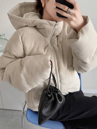 FRIFUL 女式杏色纯色连帽宽松休闲羊毛夹克，秋冬百搭夹棉外套