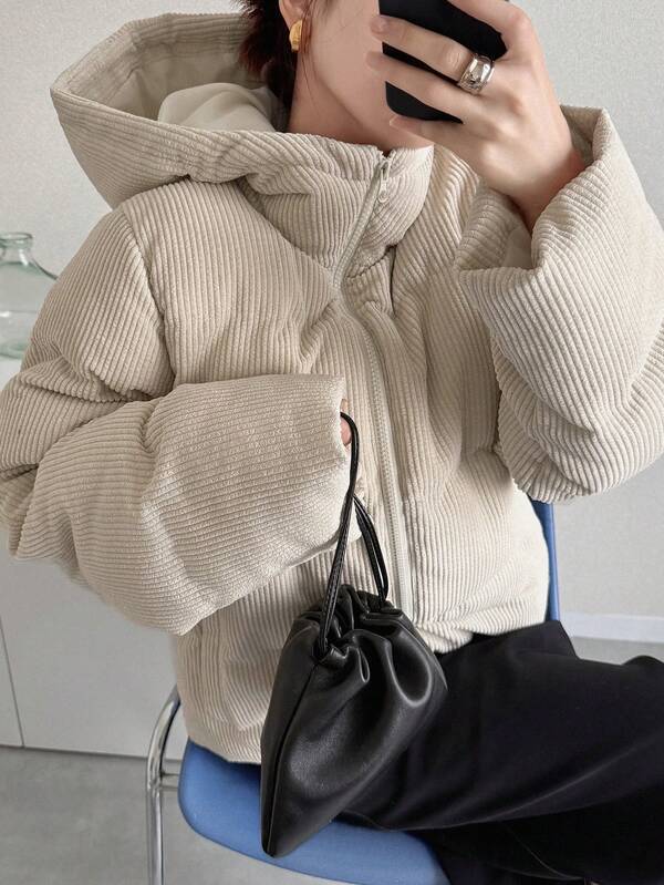 FRIFUL Women's Apricot Solid Color Hooded Loose Casual Fleece Jacket, Versatile Padded Coat For Autumn/Winter