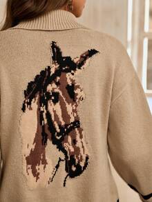 SHEIN LilyWest كارديجان نسائي كاجوال بأكمام طويلة وجيب وأزرار فردية، مخطط، للخريف/الشتاء - لون مشمشي - مشاهدة 7