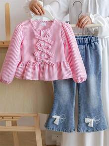 SHEIN 年轻女孩粉色条纹蝴蝶结衬衫和喇叭腿牛仔裤套装 - 粉色 - 查看 9