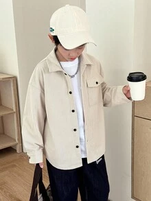 SHEIN Tween Boy 纹理面料韩版休闲宽松翻领口袋衬衫，适合秋冬休闲、运动、学校、派对场合 - 杏色 - 查看 1