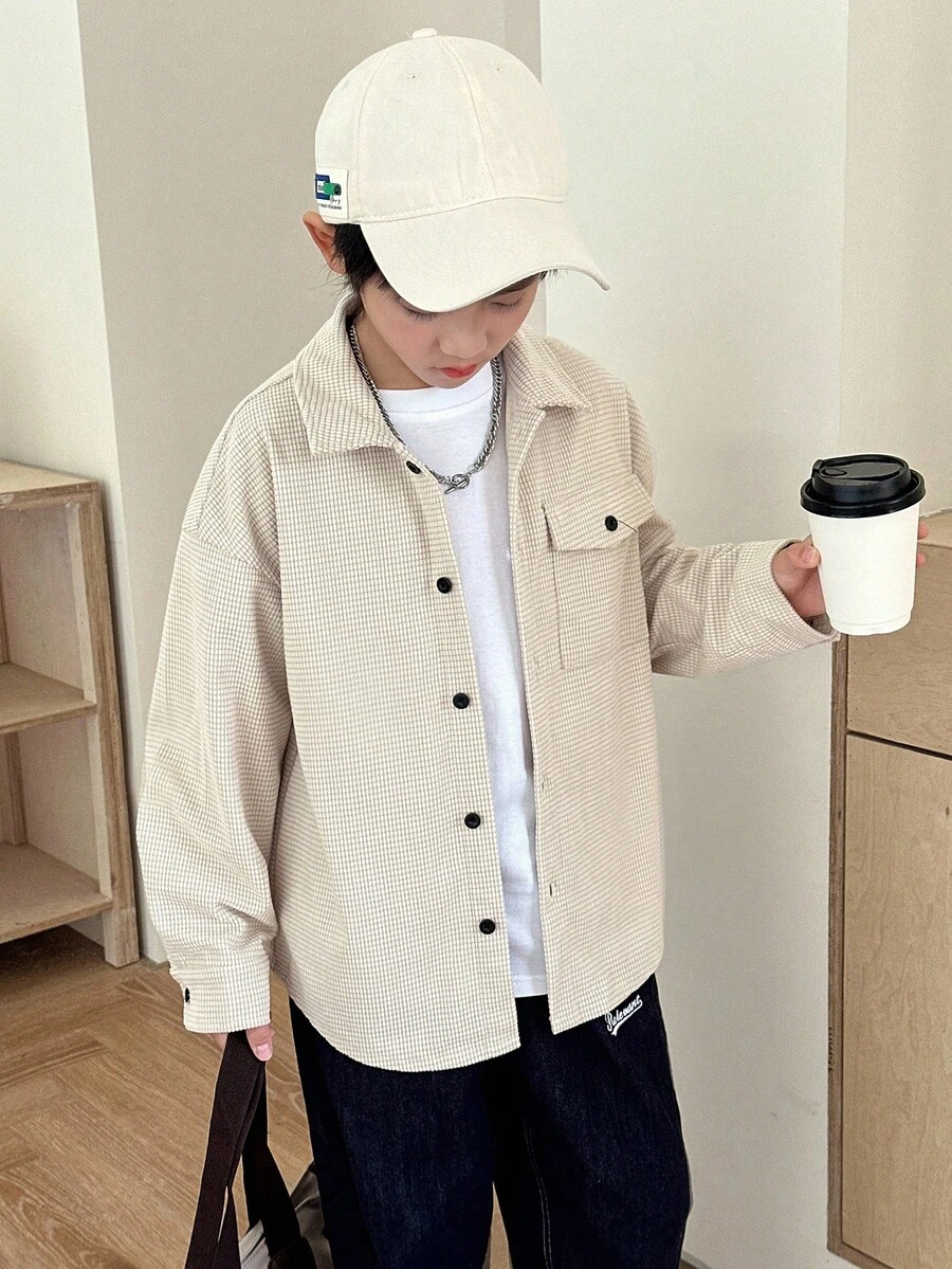 SHEIN Tween Boy 纹理面料韩版休闲宽松翻领口袋衬衫，适合秋冬休闲、运动、学校、派对场合 - 杏色 - 查看 1