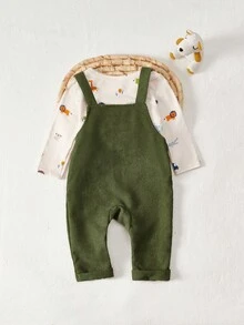 Cozy Pixies 2 Stücke Set für Babyjungen mit Cartoon Motiv, bestehend aus Langarm Top mit Rundhalsausschnitt und Latzhose