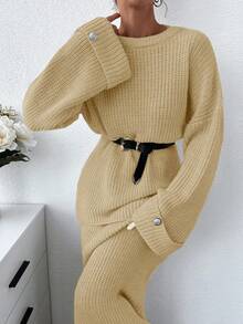 SHEIN Bộ áo len và chân váy len dáng rộng màu trơn dành cho nữ - Màu be - Xem 4