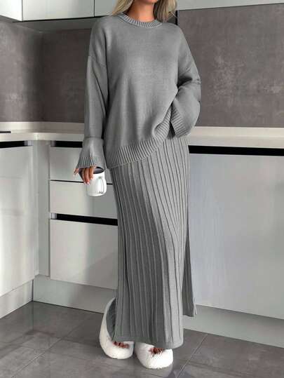 EURMUSE Casual Crew Neck Drop Shoulder Loose Oversize Fit Cozy Sweater & Maxi Pleated A Shape Skirt For Women Daily Smart Casual Knit Set For Women