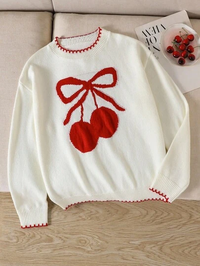 Sparklyn Suéter casual con lazo de jacquard para adolescentes, parte superior holgada de punto suelto, color albaricoque, nuevo estilo europeo y americano, holgado