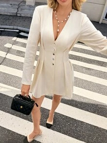 SHEIN Frenchy 女式纯色V领长袖褶饰腰部时尚迷你连衣裙 - 杏色 - 查看 3