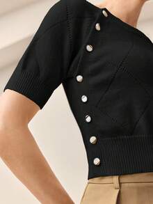 BizChic Damen Strickoberteil mit Diamantmuster, rundem Ausschnitt und seitlichen Knöpfen, modern, elegant, urbaner Alltag, vielseitig einsetzbar, 90er Jahre Retro-Stil, für Weihnachten, Neujahr, romantischen Valentinstag, Partys, Strand, Abschluss, Mode, Karneval, Feiertage, Lässig, minimalistisch, geeignet für Hochzeitsgäste, Gastgeber, Dates, Partys, Konzerte, Brunch, Flughafen, Mehrzweck - Schwarz - Übersicht 6